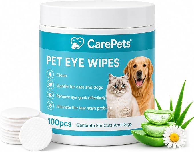 CarePets Eye Wipes Textured for Tear Stains, 100 Count Pet Tear Stain Remover Pads for Dogs and Cats, Gentle Eye Cleaning Wipes with Aloe Vera &...