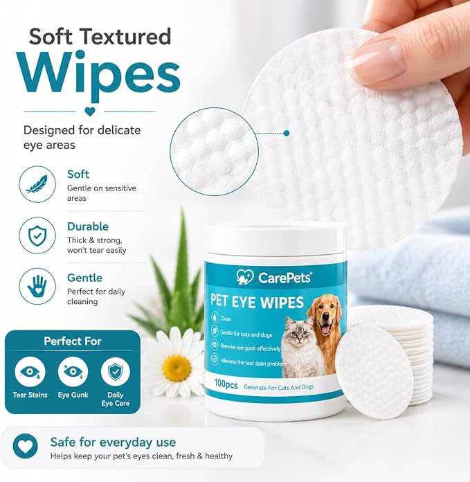 CarePets Eye Wipes Textured for Tear Stains, 100 Count Pet Tear Stain Remover Pads for Dogs and Cats, Gentle Eye Cleaning Wipes with Aloe Vera &...