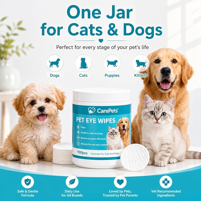 CarePets Eye Wipes Textured for Tear Stains, 100 Count Pet Tear Stain Remover Pads for Dogs and Cats, Gentle Eye Cleaning Wipes with Aloe Vera &...
