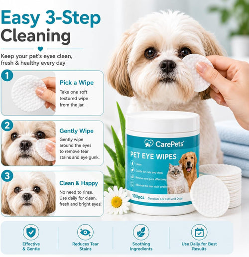 CarePets Eye Wipes Textured for Tear Stains, 100 Count Pet Tear Stain Remover Pads for Dogs and Cats, Gentle Eye Cleaning Wipes with Aloe Vera &...
