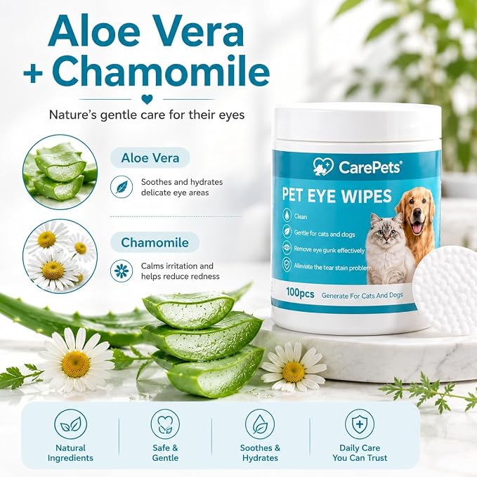 CarePets Eye Wipes Textured for Tear Stains, 100 Count Pet Tear Stain Remover Pads for Dogs and Cats, Gentle Eye Cleaning Wipes with Aloe Vera &...